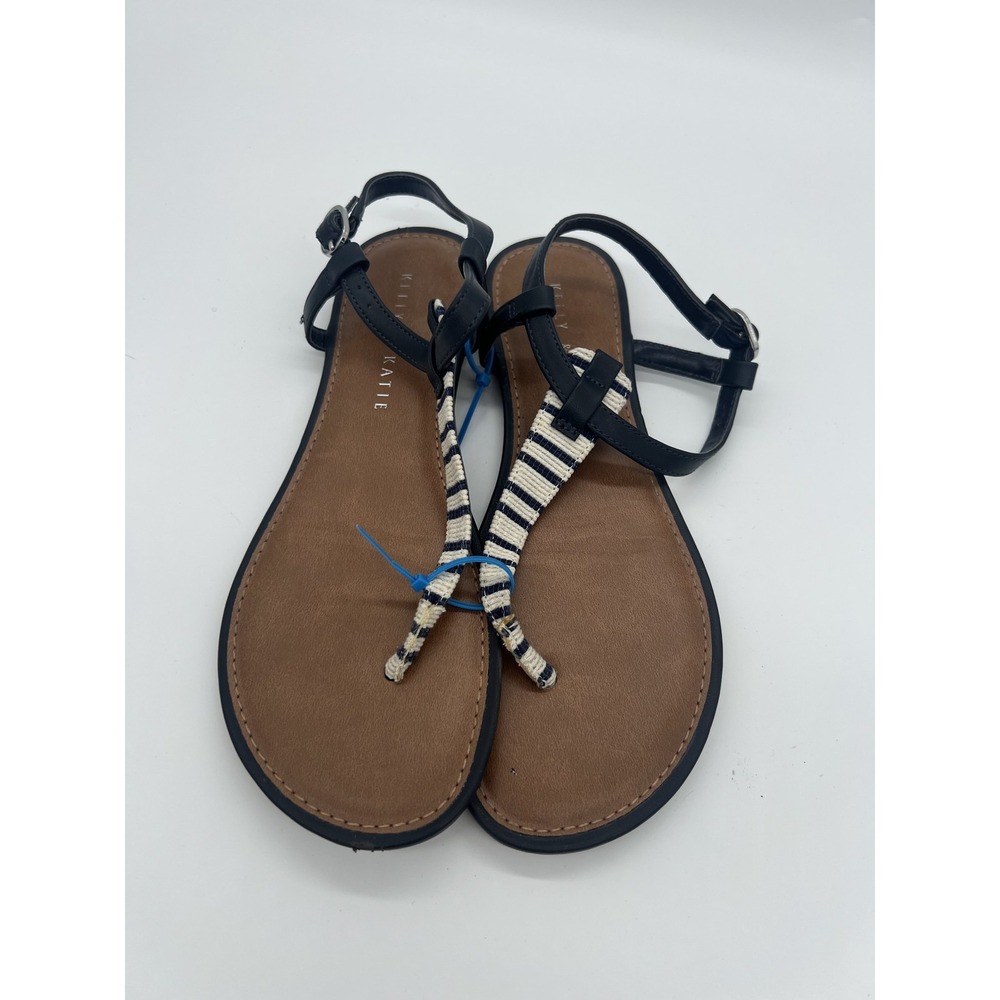 Kelly & Katie Tellah Women's Black Striped Thong Ankle Strap Flat Sandals US 6M